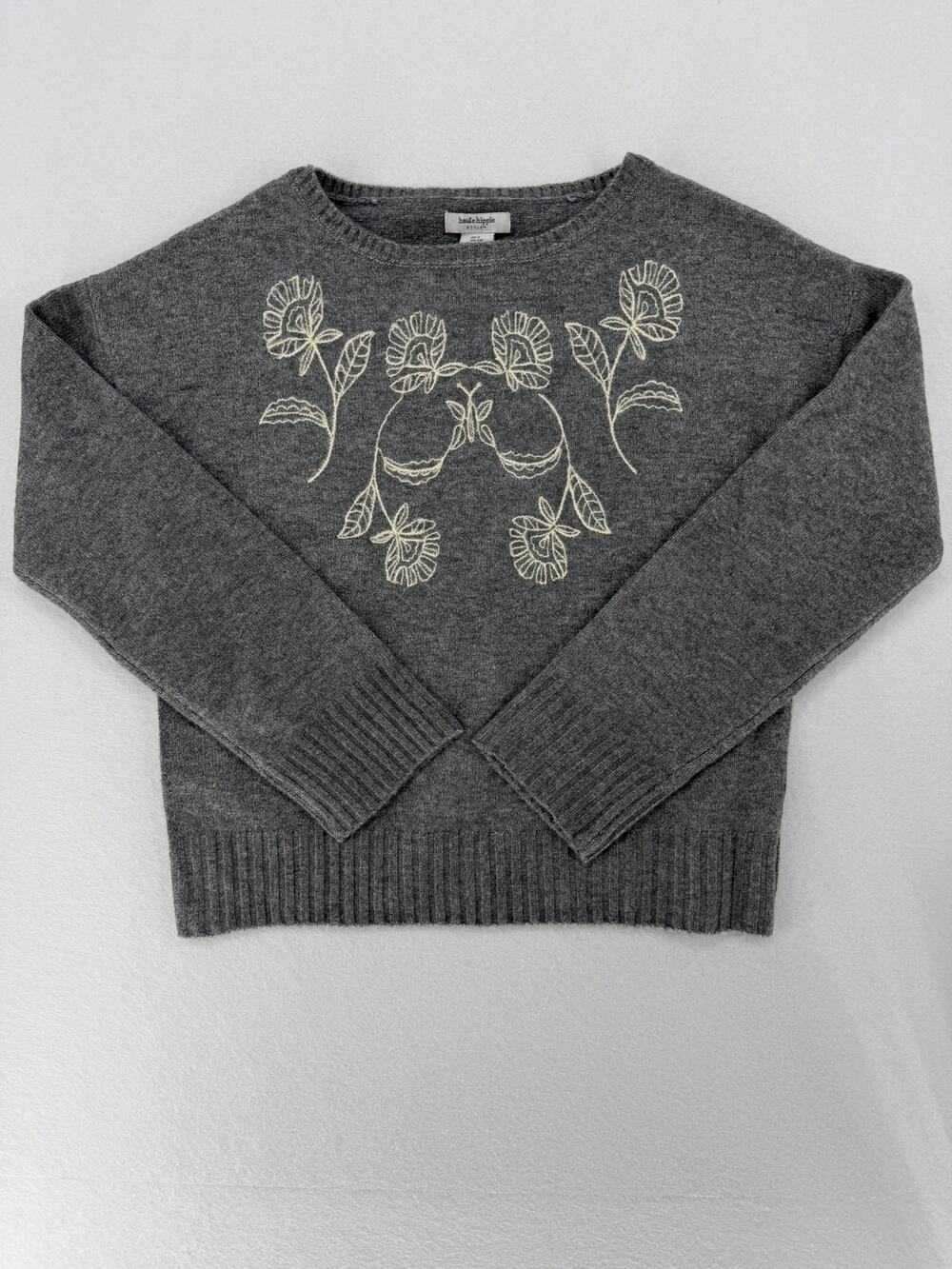 Haute Hippie Style II Womens S Gray Floral Embroidered Crewneck Sweater NWT